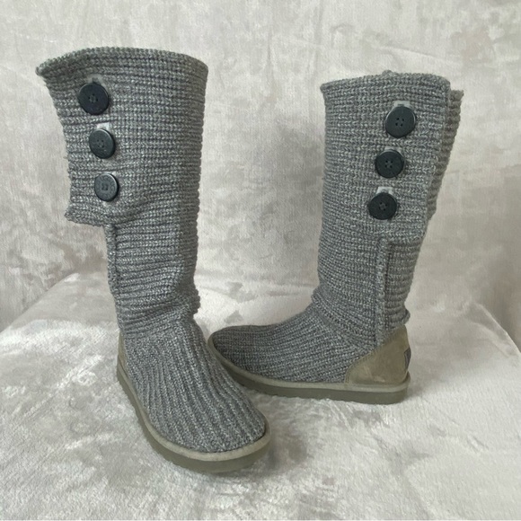 UGG Cardy Women's Knit Boots Size 8 Gray Wool Knee High Button Sheepskin - Picture 3 of 9